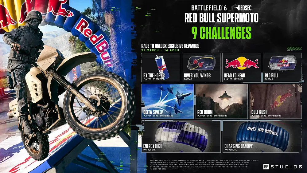 Several different unlocks players can earn in the Battlefield 6 REDSEC Red Bull Supermoto Gauntlet Event.
