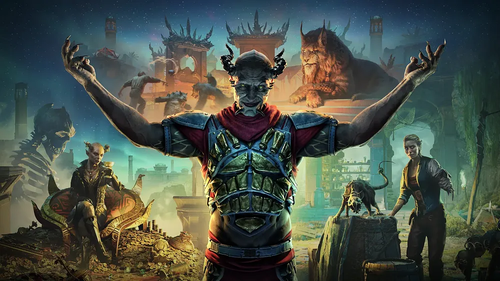 An orc-like figure with horns and a sinister smile stands with arms outstretched before a crowded night market featuring a giant lion-like creature and various fantasy characters.
