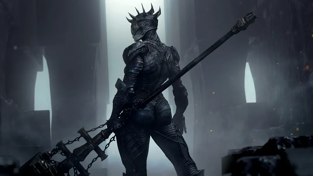A warrior with a long and huge mace-like weapon. A character wearing thick, skin-like black armor. Proxima, the Broodseeker from Mortal Shell 2 facing away from the camera.