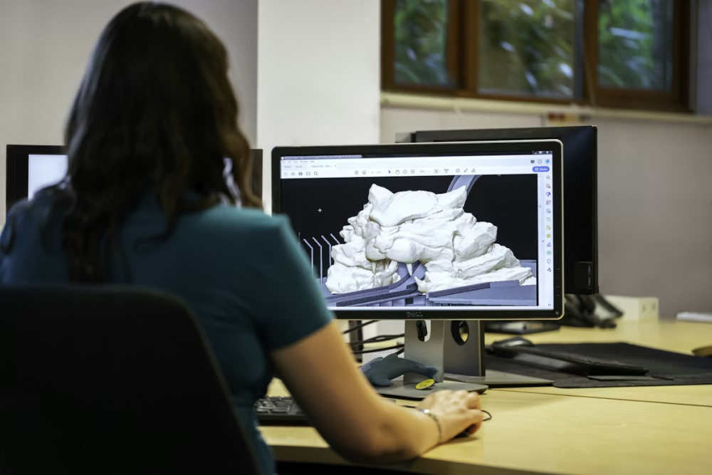 A woman sitting at a computer creating digital art and models.