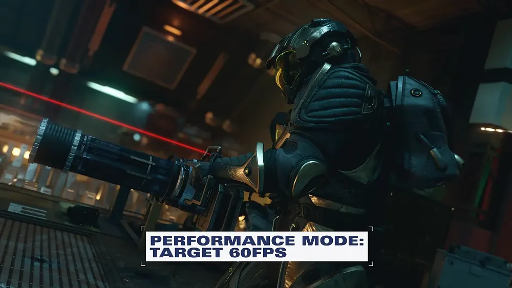 Starfield on PlayStation 5 with a caption that says a Performance mode is targeting 60 frames per second.