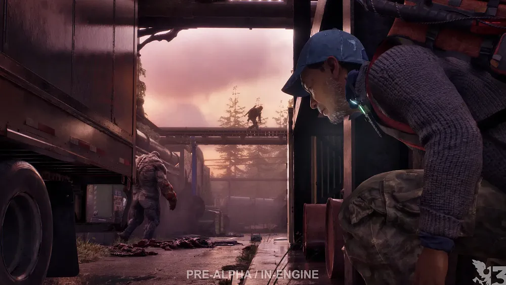 A pre-alpha screenshot for State of Decay 3 showing a person crouched hiding from a muscular, large infected zombie creature nearby.