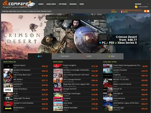 Screenshot of a digital game price comparison website showing various video games and their prices across platforms including PC, PlayStation, Switch, and Xbox. Key sections include Most Popular, New Games, and Available Soon, with highlighted prices in orange and red, and a banner promoting "Crimson Desert" with prices starting at $48.77 for PC, PS5, and Xbox Series X.