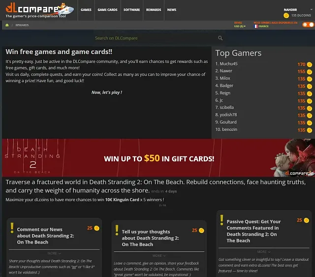 Screenshot of DLCompare rewards webpage promoting free games and game cards through community engagement. Features a leaderboard of top gamers with scores, a highlighted $50 gift card prize for Death Stranding 2 event, and sections encouraging user comments and participation for earning dlCoins.