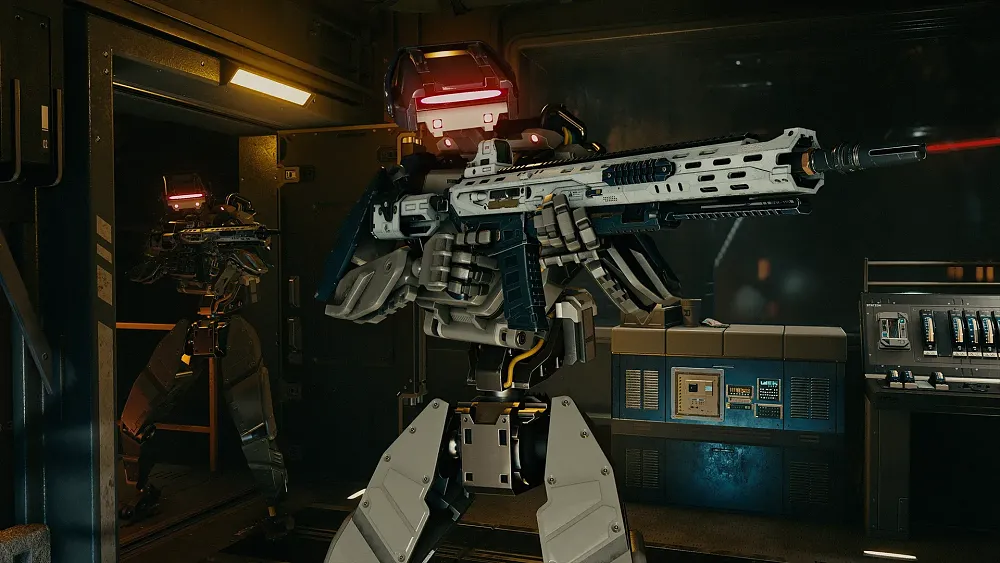 A couple of robot warriors taking aim with futuristic sci-fi assault rifles.