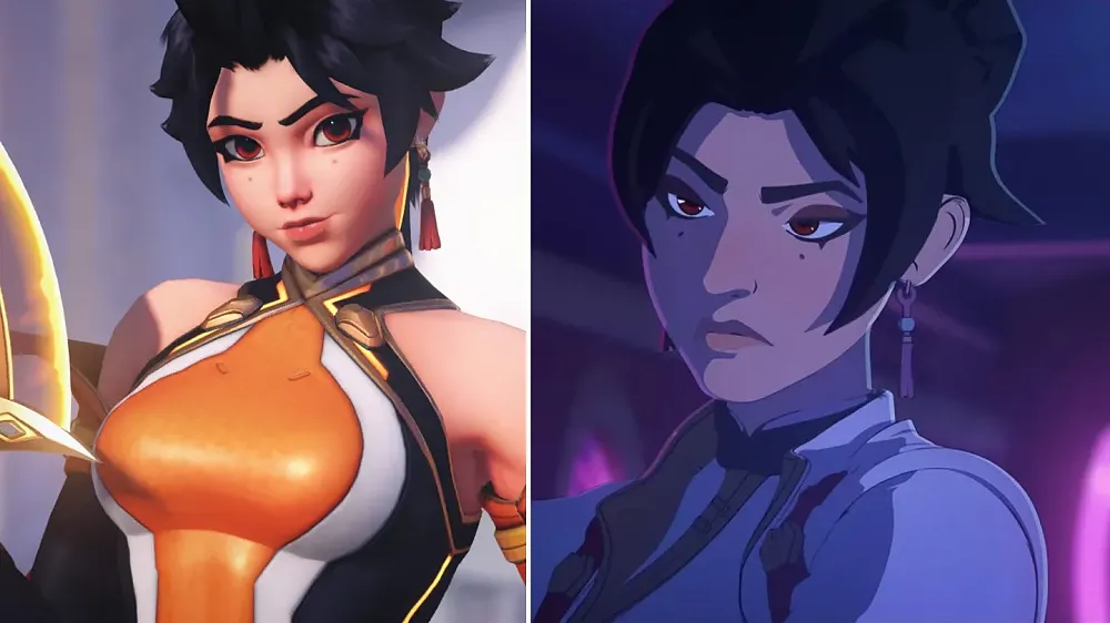Side-by-side comparison of the Overwatch character Anran. The left showing what she looks like in game vs the right side that shows what she looked like in an animated short. The right side shows a more fierce and determined person while the left seems more joyful and baby faced.