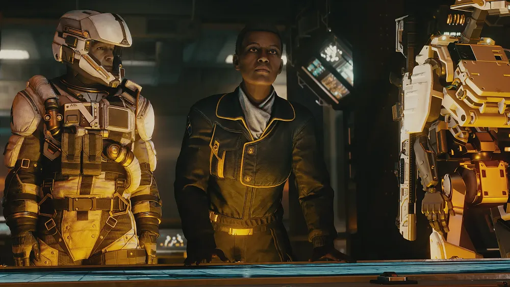 A commanding officer and other space fighters planning something.