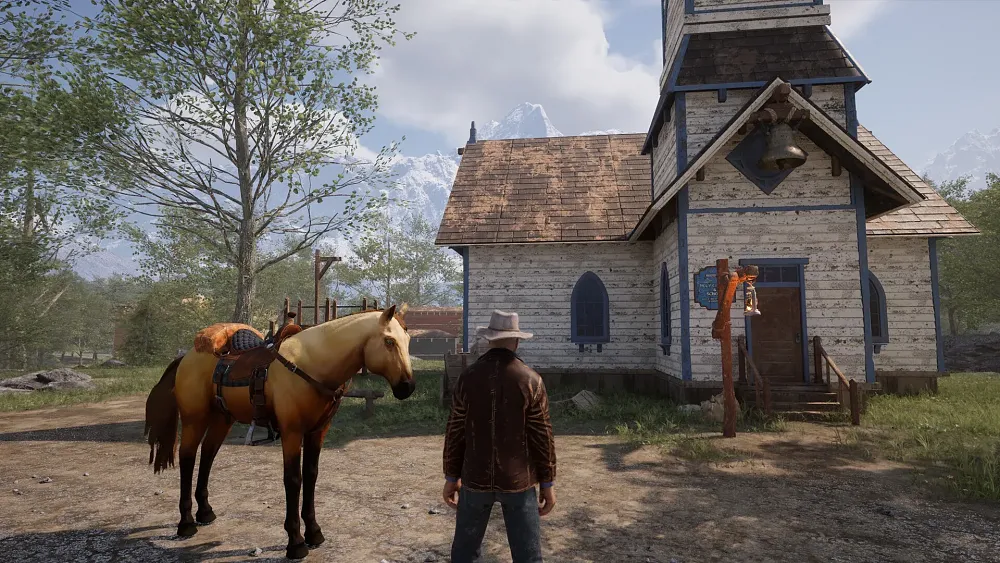 A cowboy and his horse standing outside a church and school house in the western frontier.