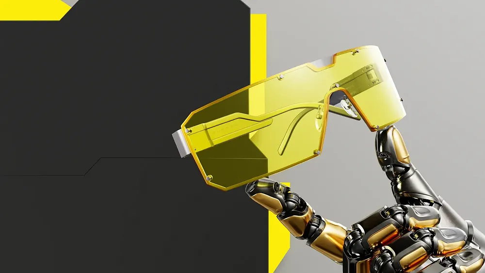 Photo of a robotic hand holding up Gunnar's Cyberpunk 2077 Dex Glasses.