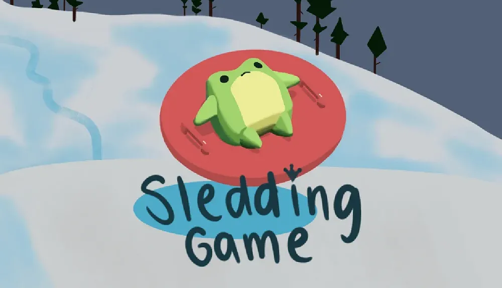 A cute little frog guy chilling on a sled in a snowy environment.