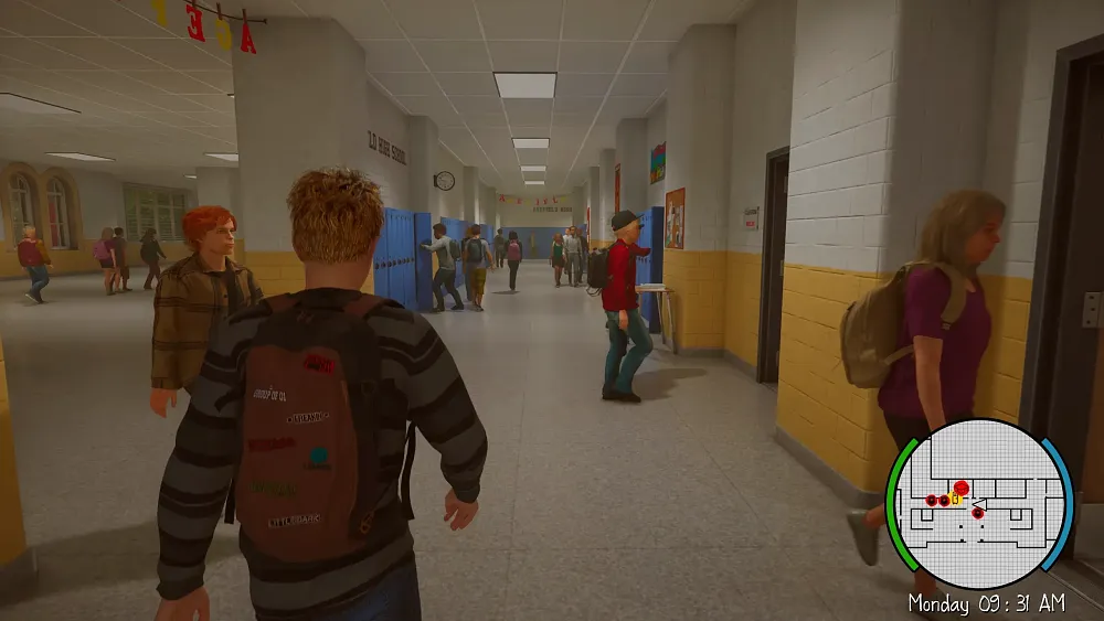 A student walking through a school hallway full of other students.