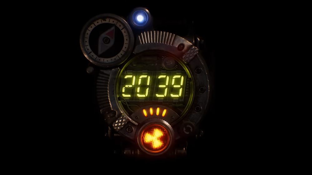 A watch with a gieger counter and compass, displaying a "time" of 2039 on the digital watch face.
