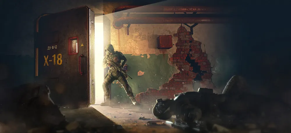 A stalker from Stalker 2 about ready to breach a secret lab vault door that has X-18 written on it.