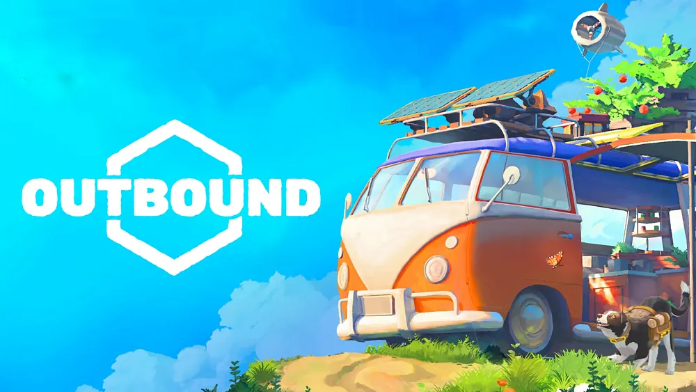 The game title, Outbound, next to a cozy scene of a corgi dog next to a colorful camper van with various items attached to it like an unfolding garden area and solar panels.