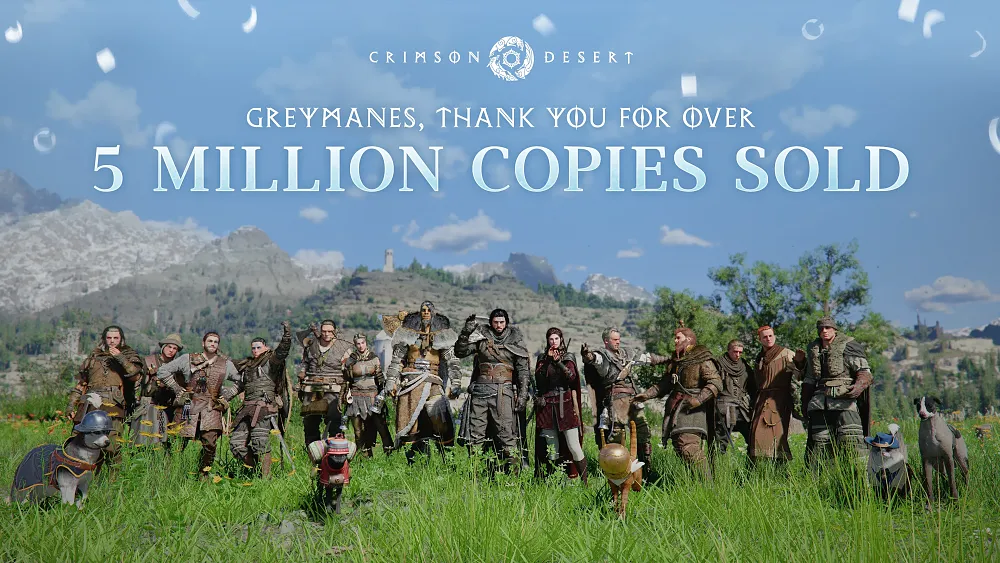 Image showing a bunch of characters from the game Crimson Desert, with a message saying that the game has sold over 5 million copies.