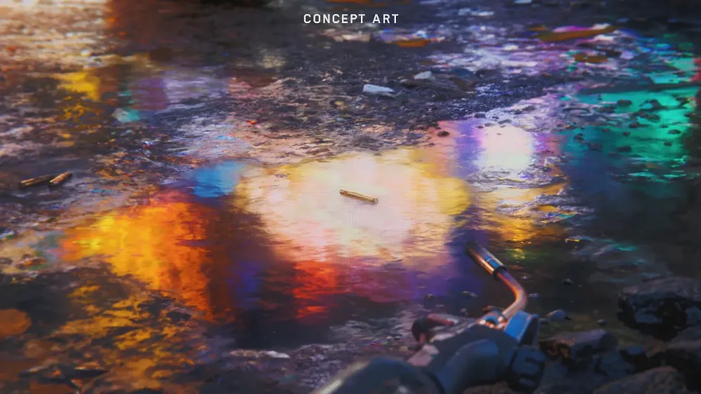 A teaser image for one of the Season 5 maps for Battlefield 6 showing either an oily puddle or neon lights reflected in a puddle.
