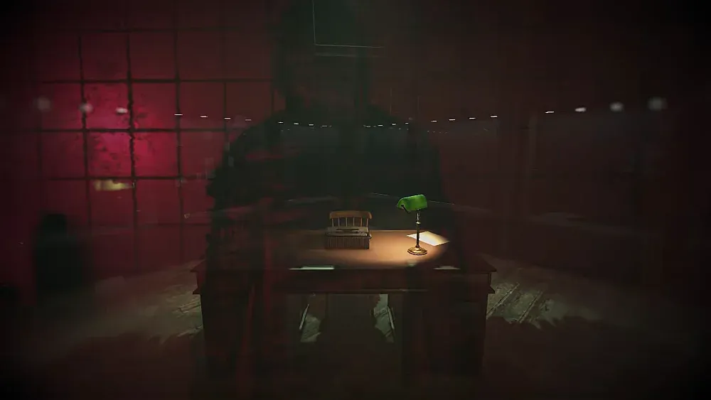 An image showing a shadowy figure over Alan Wake's desk from Alan Wake 2. This is a teaser for Alan Wake 2 content coming to Phasmophobia.