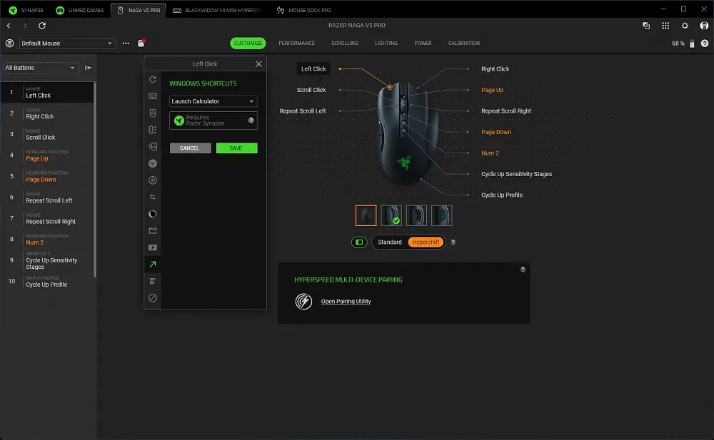 Screenshot of Razer Synapse 4 customization options for the Razer Naga V2 Pro mouse.