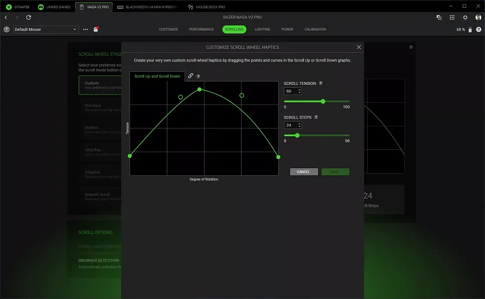 Screenshot showing the customization curve within Razer Synapse 4 for the HyperScroll wheel of the Razer Naga V2 Pro.