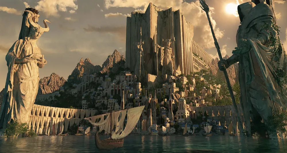 The waterway entry, dwarfed on either side by towering statues, that leads into the city of Temis from Diablo 4: Lord of Hatred.