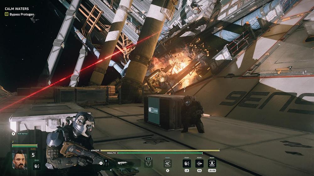 Space suit wearing combatants take cover as an explosion takes place on a space station.