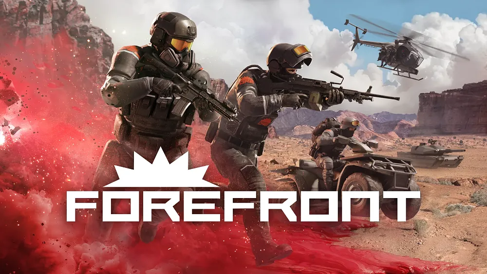 Key art for Forefront showing a small group of soldiers running and driving military vehicles into battle.