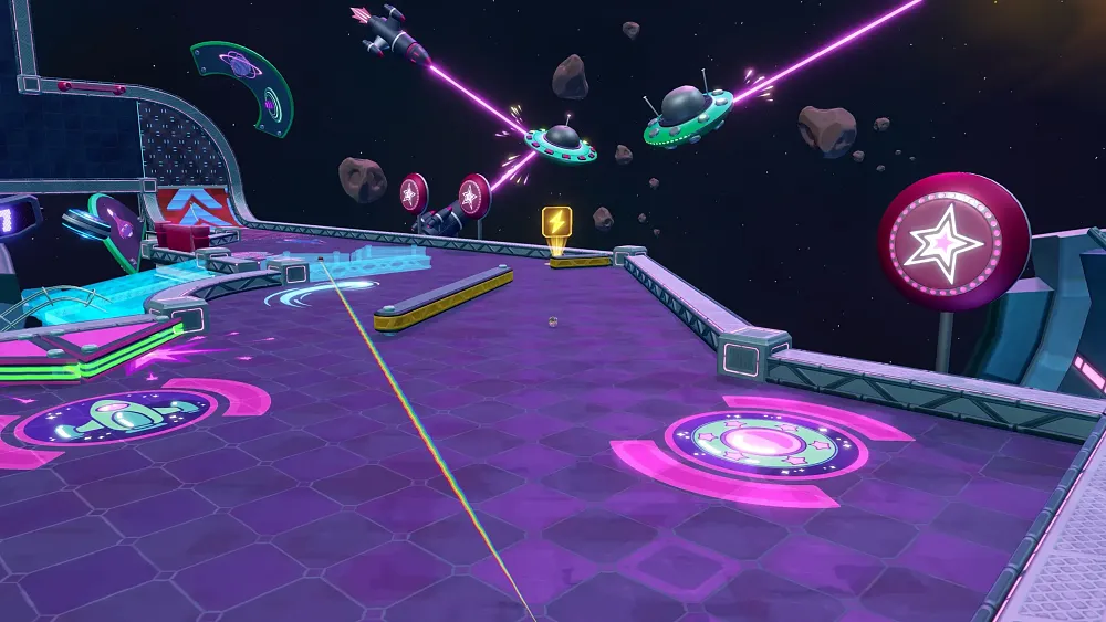 One of the holes for a mini-golf course set in space on a space station.