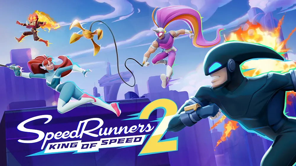 Art showing the title, SpeedRunners 2: King of Speed, along with several colorful speed runners in costumes running along rooftops.