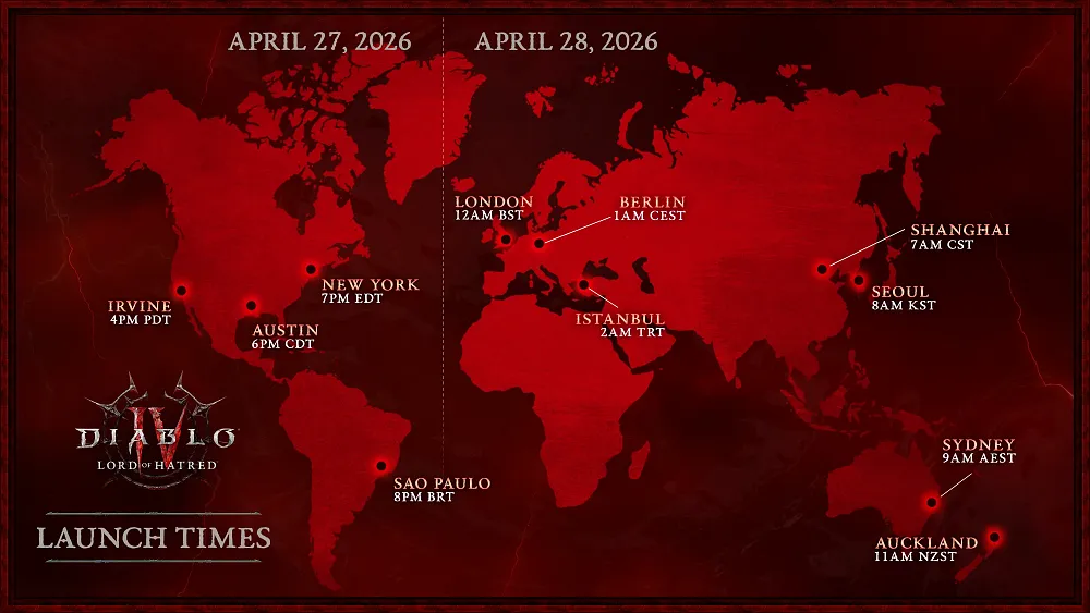 Map showing the times when Diablo 4: Lord of Hatred will be released in different time zones, such as at 7PM ET on April 27th.