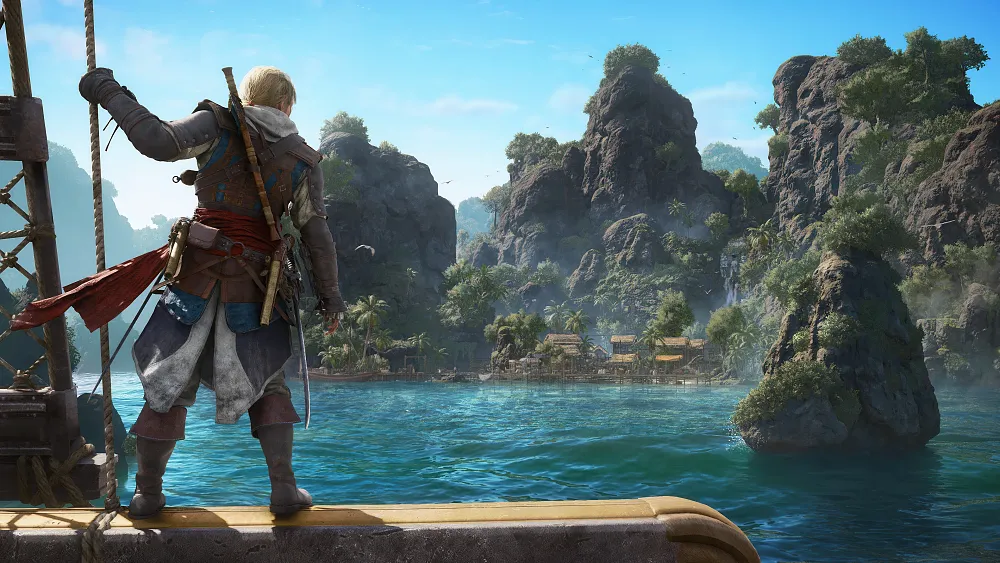 A pirate looking out towards blue waters as he stands on the side of his ship.