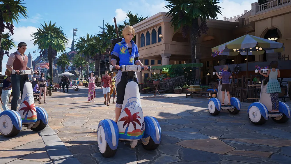 Cloud from Final Fantasy 7 Rebirth riding around a tropical resort on a segway-like device.