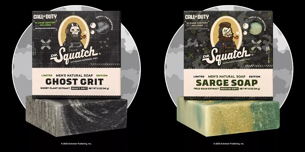 Dr. Squatch soap themed around Call of Duty characters with the names of Ghost Grit and Sarge Soap.