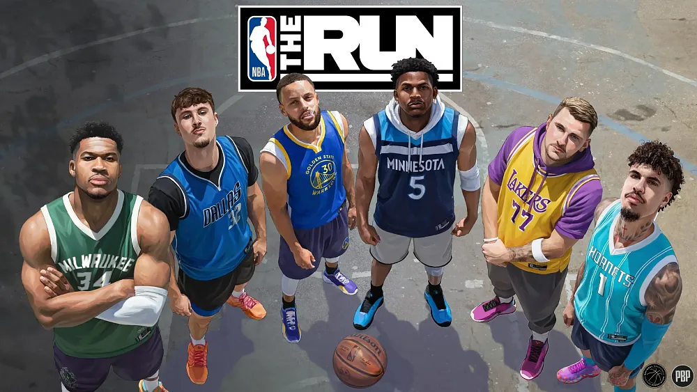 Art showing some NBA players looking up from a streetcourt as depicted in NBA The Run.