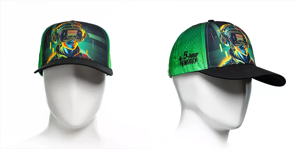 Two photos showing the front and front-side view of a Gaming Trucker Hat from 5-hour Energy.