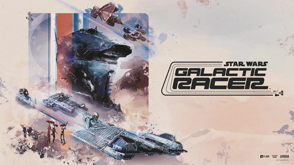 Various sci-fi land speeders next to the game title, Star Wars: Galactic Racer.