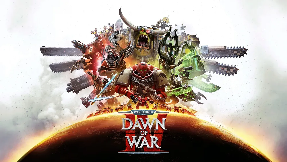 Key art showing factions and characters from Warhammer 40,000: Dawn of War 4.