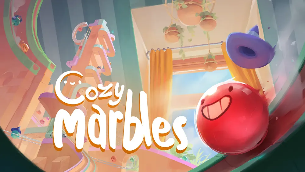Title, Cozy Marbles, and an image of a colorful, smiling marble and a marble racetrack.