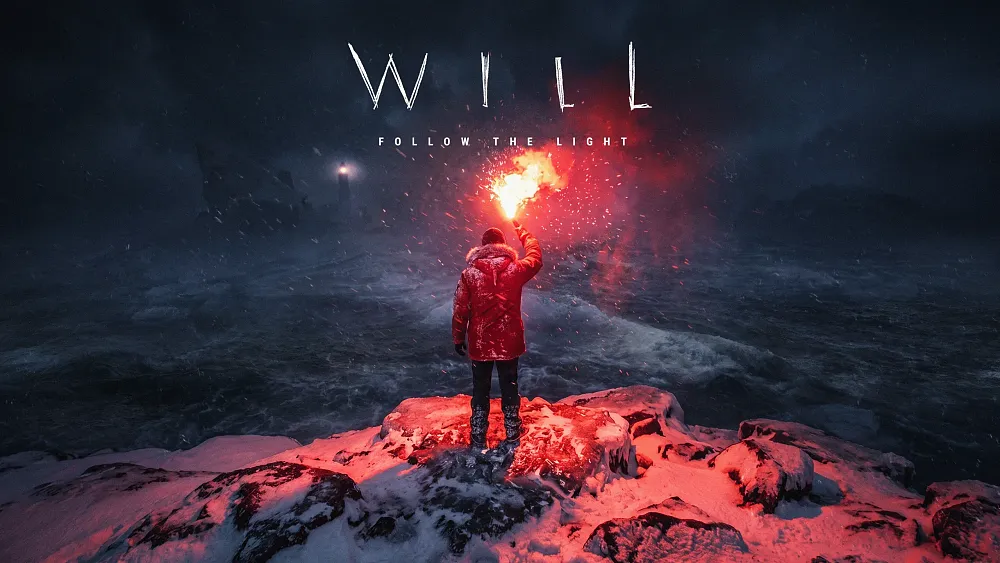 A person in a red jacket stands on a snowy ridge, holding a glowing red flare against a dark, stormy sea and sky with the text "WILL FOLLOW THE LIGHT" above.