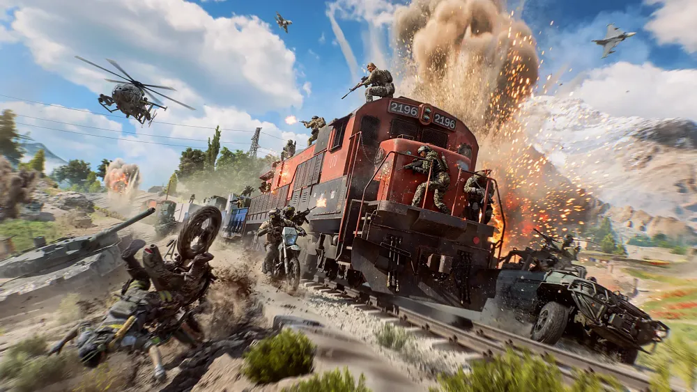 Image from the Railway to Golmud map coming to Battlefield 6, showing a train being assaulted from all sides by soldiers.