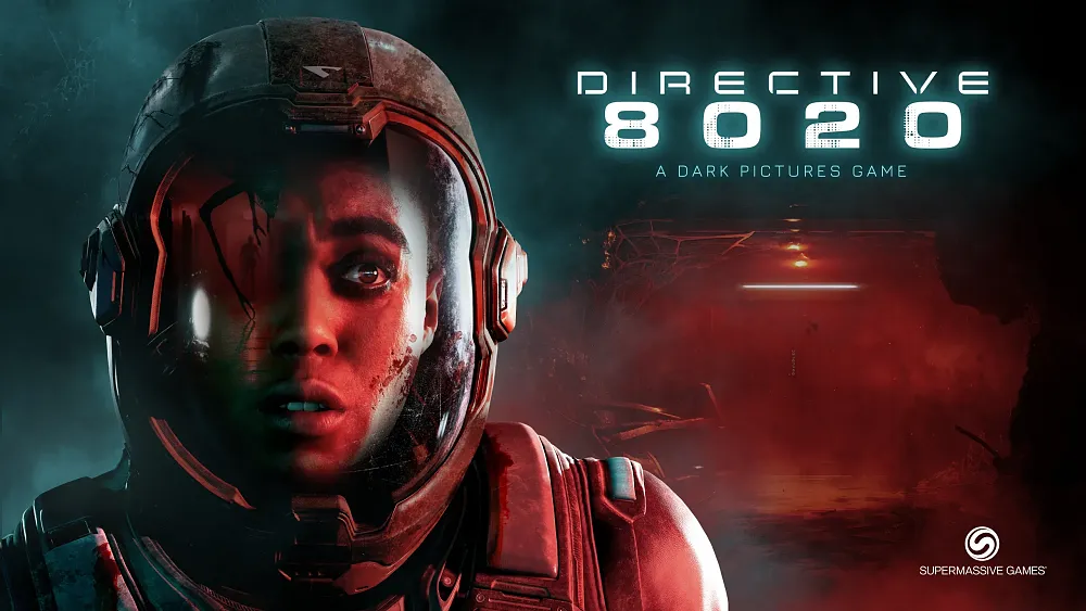Key artwork for Directive 8020 showing a scared astronaut in a heavily ruined spaceship hallway overgrown with an organic alien lifeform.