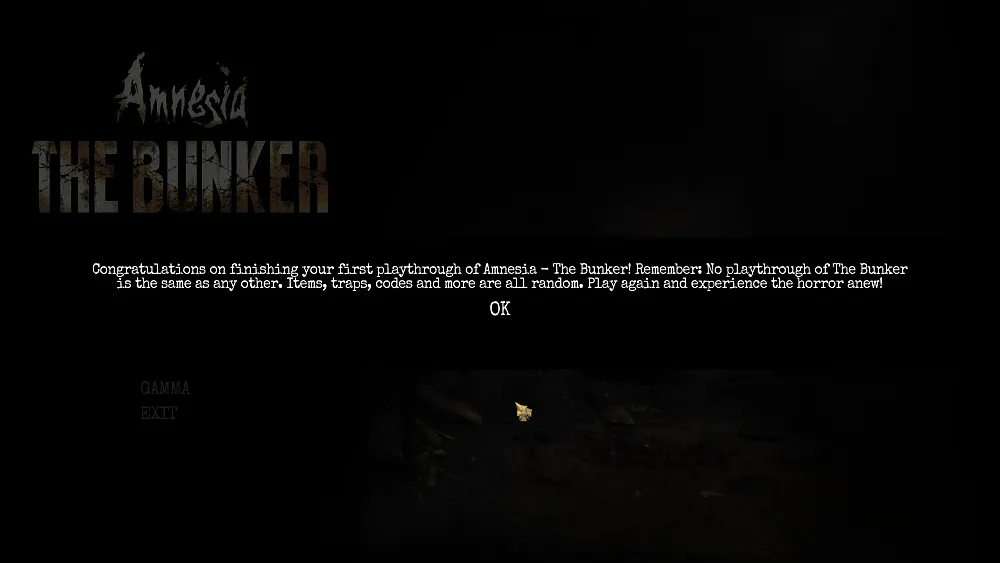 Screenshot showing a post-ending message suggesting to play Amnesia: The Bunker again as items and traps are randomized.