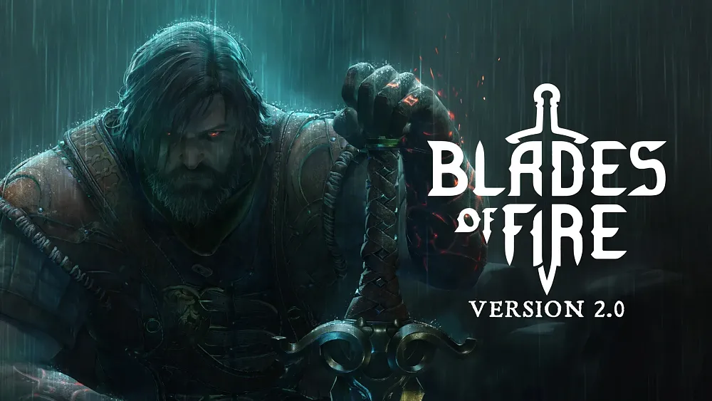 Art announcing Version 2.0 upgrade for Blades of Fire. Image shows a warrior leaning on his sword in the rain.