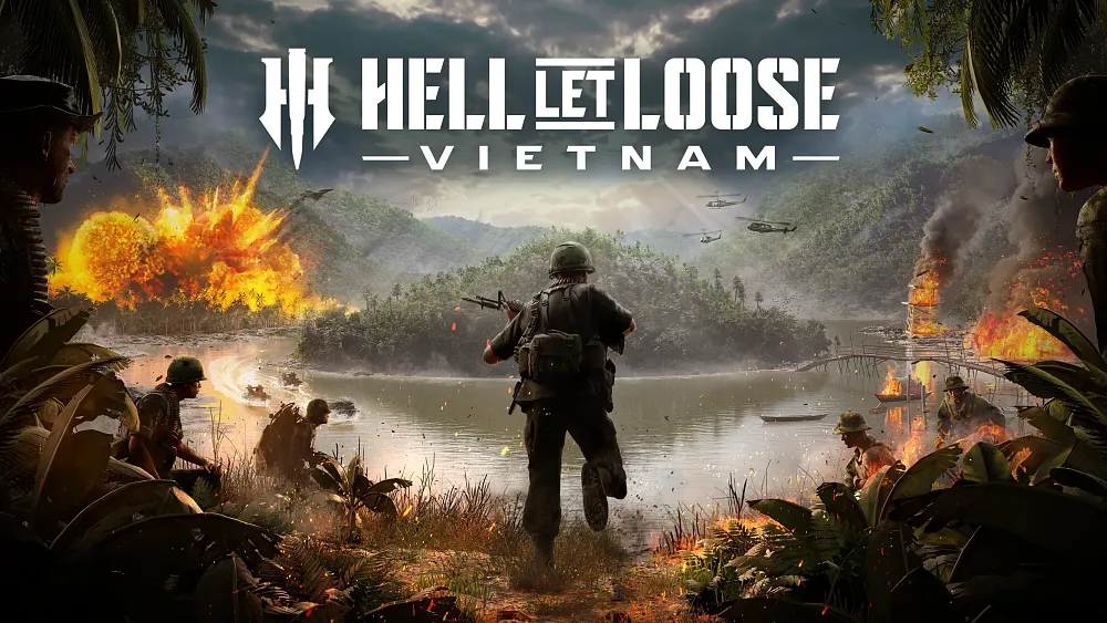 Soldiers in Vietnam walking through an active war zone. The title, Hell Let Loose: Vietnam, is seen at the top of the image.
