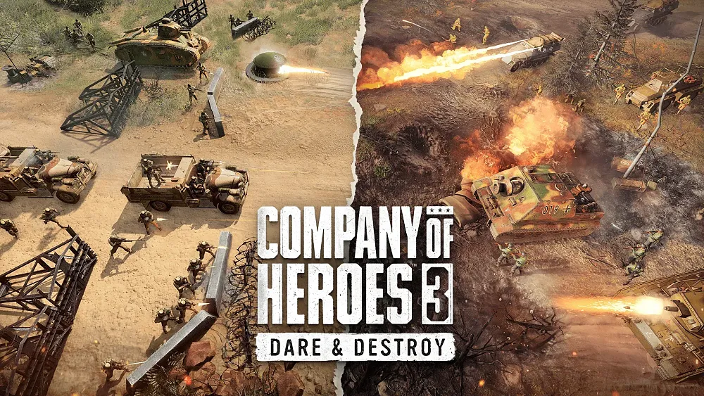 Two war factions shown with military vehicles and instruments of war on opposite sides of the image. The text Company of Heroes 3: Dare and Destroy is seen.