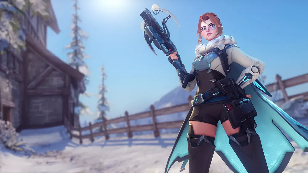 A new Overwatch 2 hero, Freja. She is holding a crossbow and looking stern.