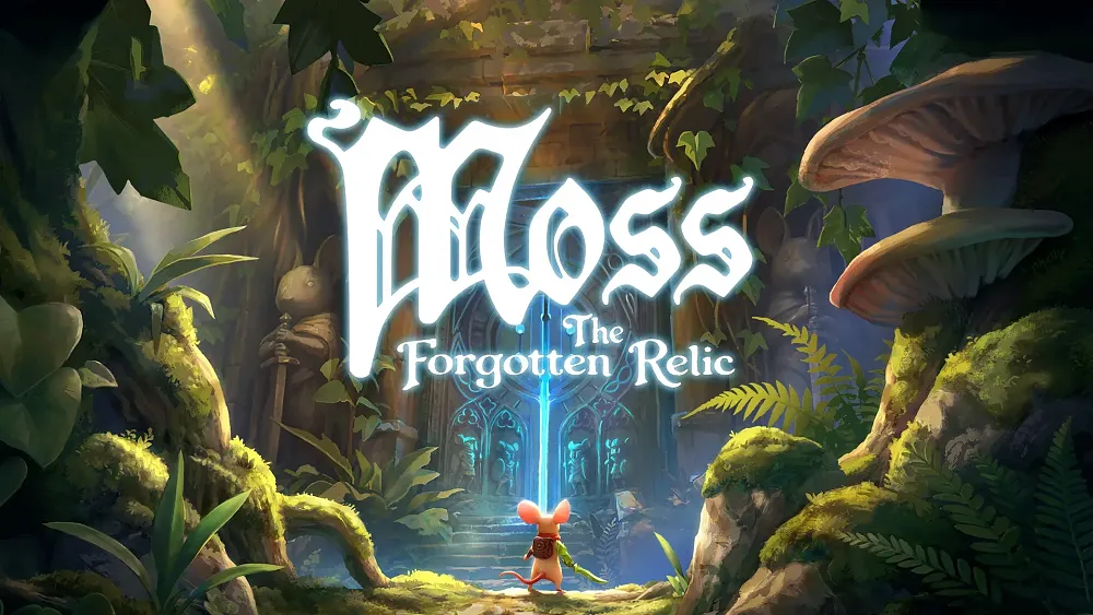 Title, Moss: The Forgotten Relic, and the image is of a small mouse on an adventure approaching a gigantic door.