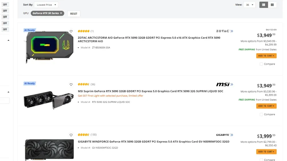 A few Nvidia GeForce RTX 5090 GPU listings on Newegg.