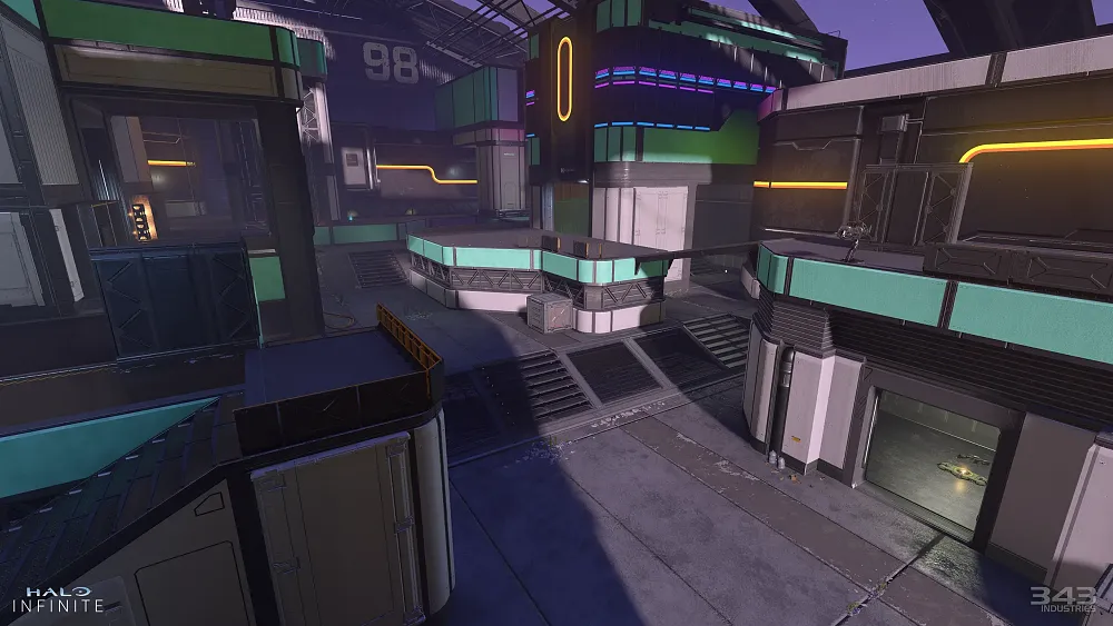 Screenshot showing a futuristic looking city map called Empyrean from Halo Infinite