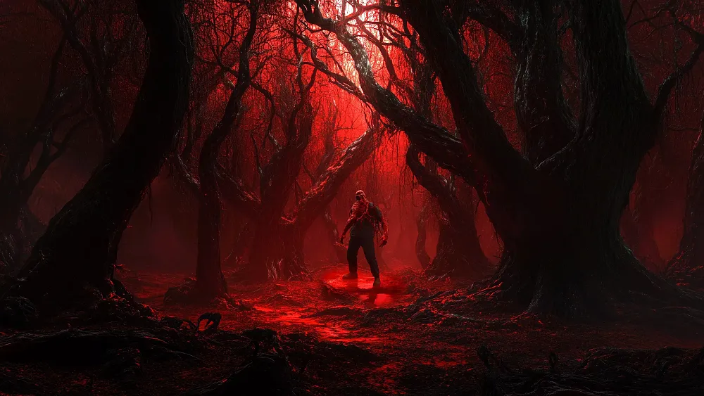 An AI-generated image from Call of Duty showing a blood red forest with blood red skies and a figure in the middle that seems to be facing two directions at once thanks to poor generative AI use.