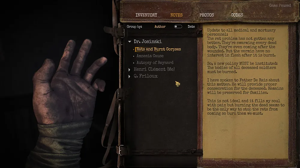 Screenshot from Amnesia: The Bunker showing one of the several notes you can find and read.